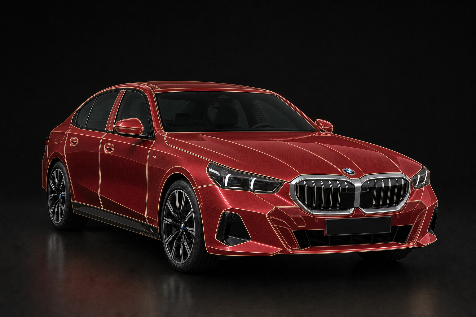 Червоний BMW 5 Series G60 у ракурсі три чверті з усіма пофарбованими елементами, виділеними як зони пакета FULL