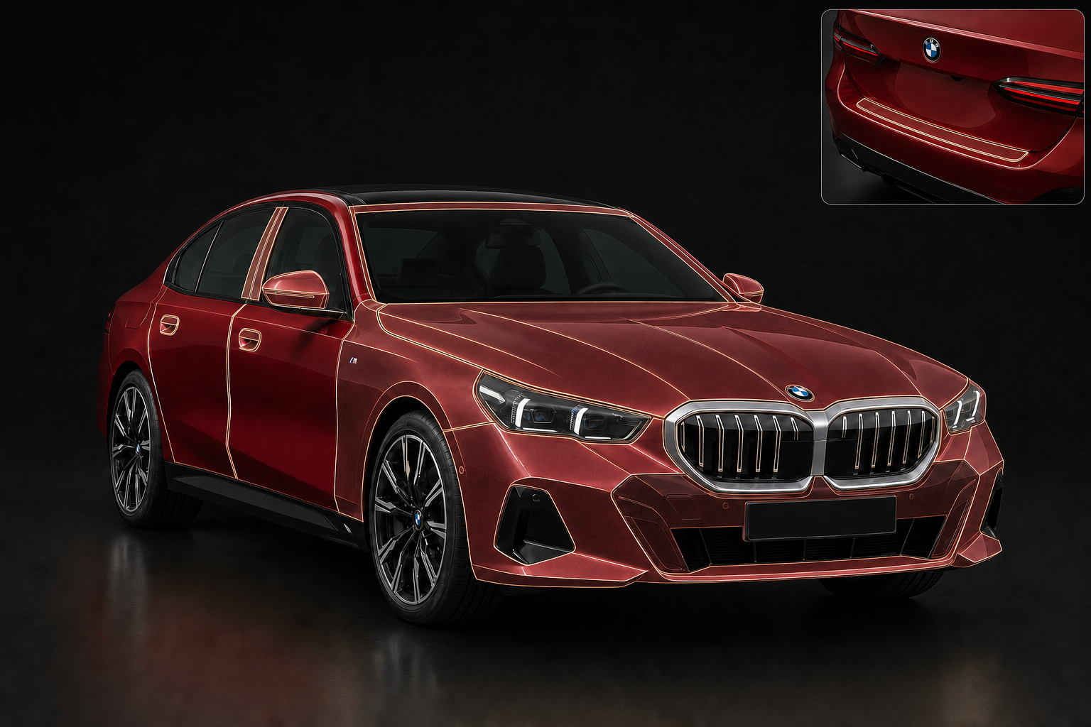 Червоний BMW 5 Series G60 у ракурсі три чверті з виділеними зонами пакета STANDARD+ та вузькою смугою зони завантаження